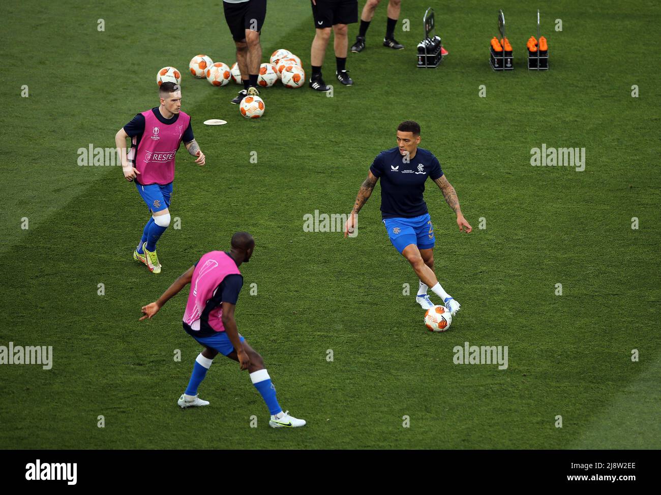 Rangers' James Tavernier warms up on the pitch before the UEFA Europa League Final at the Estadio Ramon Sanchez-Pizjuan, Seville. Picture date: Wednesday May 18, 2022. Stock Photo