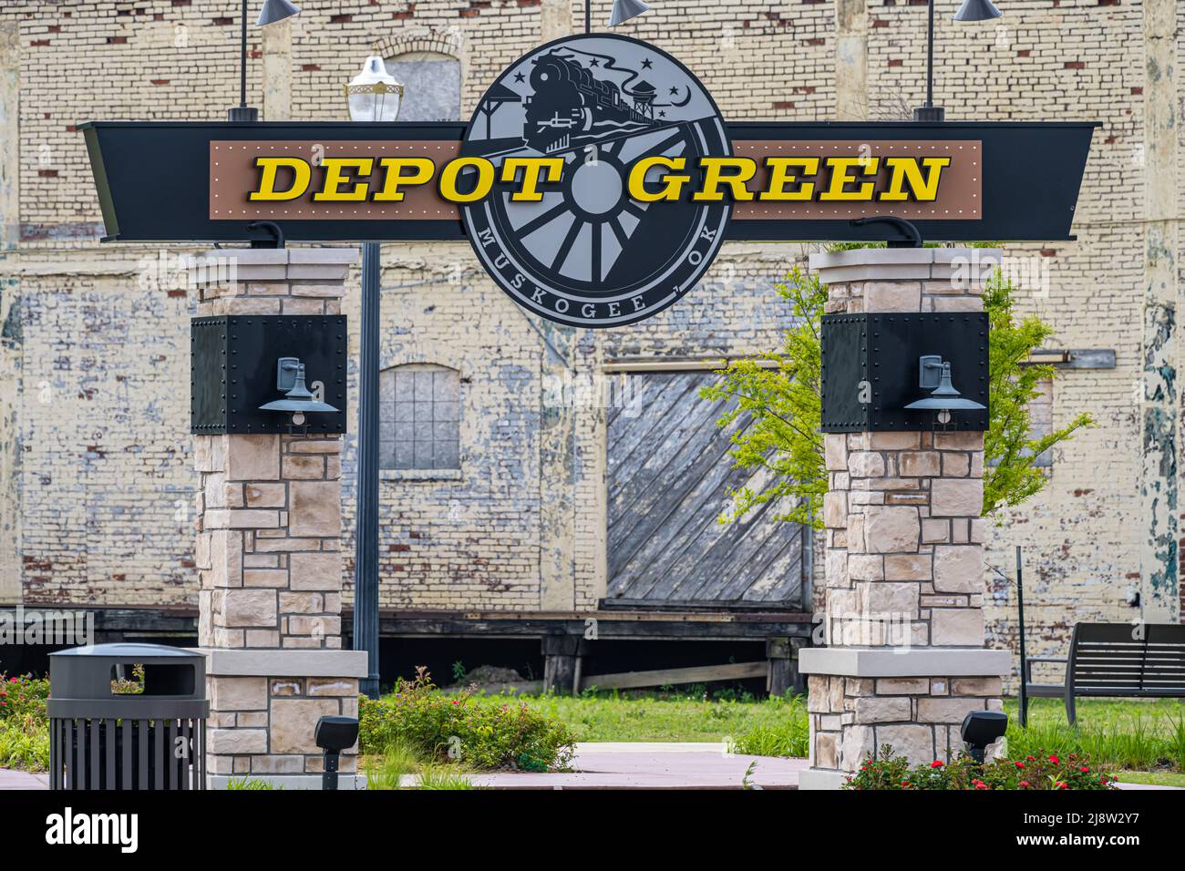Depot Green, a city green space park in Muskogee, Oklahoma's historic Depot District. (USA) Stock Photo