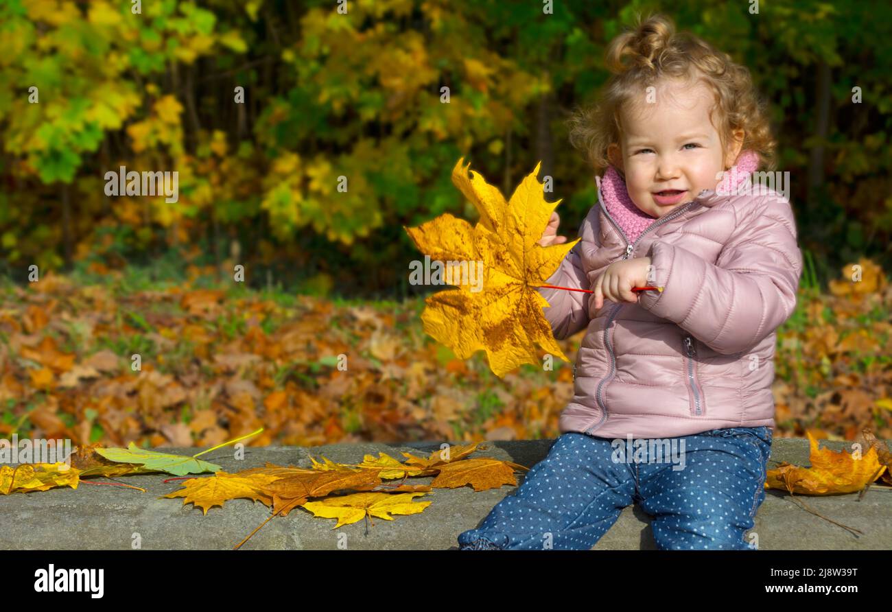 Toddler is sitting outside on a bench in the park in autumn Stock Photo ...