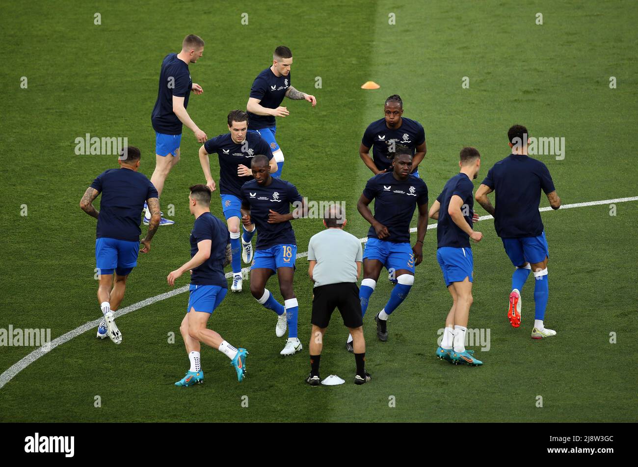 Rangers players warm up on the pitch before the UEFA Europa League Final at the Estadio Ramon Sanchez-Pizjuan, Seville. Picture date: Wednesday May 18, 2022. Stock Photo