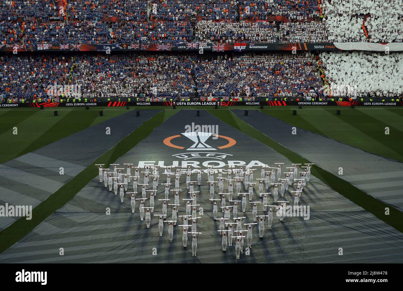 Performers on the pitch ahead of the UEFA Europa League Final at the Estadio Ramon Sanchez-Pizjuan, Seville. Picture date: Wednesday May 18, 2022. Stock Photo