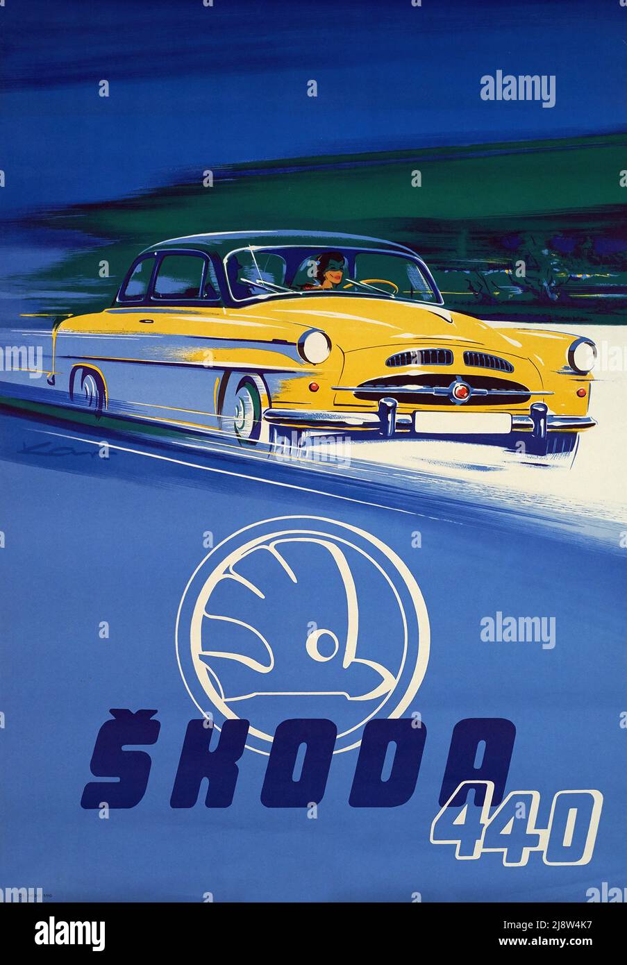 Vintage 1950s automotive art Poster for 1955 Skoda 440. Stock Photo