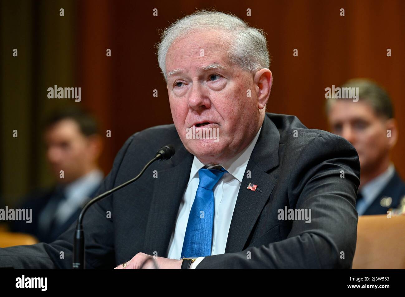 Washington, United States. 17th May, 2022. U.S. Secretary of the Air Force Frank Kendall listens to a question while testifying before the Senate Appropriations Subcommittee on Defense on the fiscal year 2023 budget for the Air Force on Capitol Hill, May 17, 2022 in Washington, DC Credit: Eric Dietrich/U.S. Air Force/Alamy Live News Stock Photo