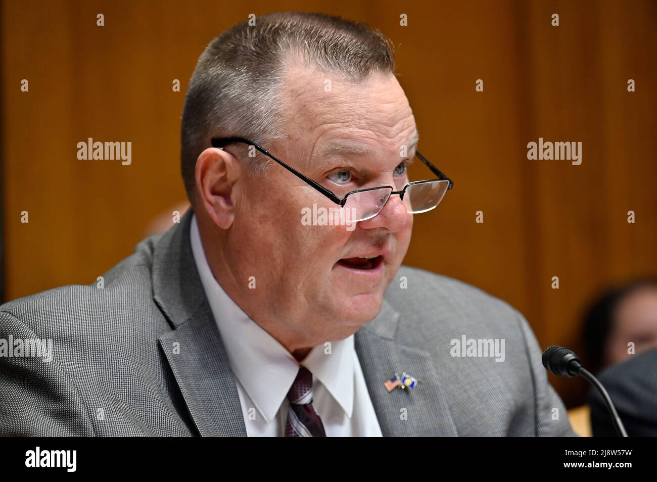 Washington, United States. 17th May, 2022. U.S. Senator Jon Tester, chair of the Senate Appropriations Subcommittee on Defense, delivers opening comments during a hearing on the fiscal year 2023 budget for the Air Force on Capitol Hill, May 17, 2022 in Washington, DC Credit: Eric Dietrich/U.S. Air Force/Alamy Live News Stock Photo