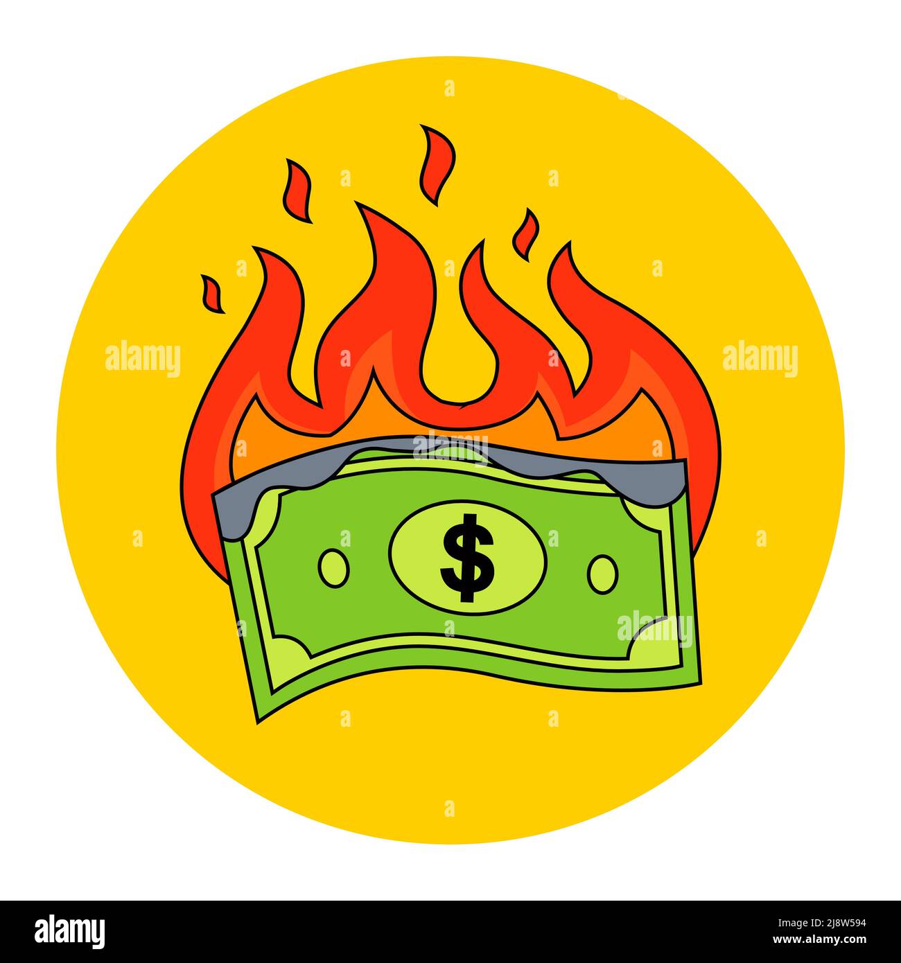 the burning dollar bill burns out. a waste of money. flat vector illustration. Stock Vector