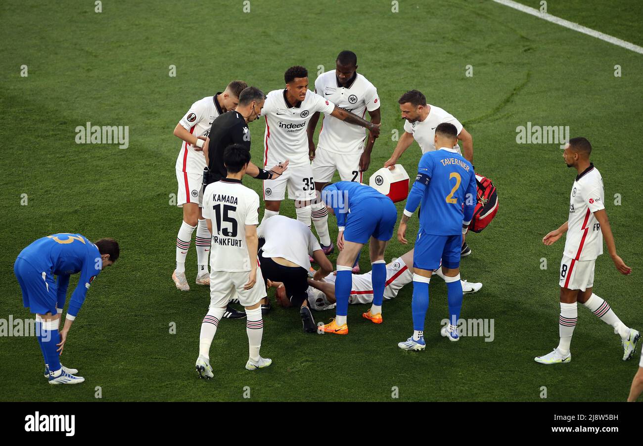 Eintracht Frankfurt's Sebastian Rode picks up an injury and receives treatment during the UEFA Europa League Final at the Estadio Ramon Sanchez-Pizjuan, Seville. Picture date: Wednesday May 18, 2022. Stock Photo