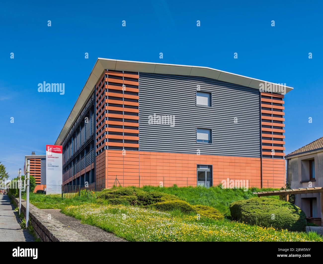 Modern architecture building - the Lycée Régional Delphine Gay in Bourganeuf, Creuse (23), France. Stock Photo