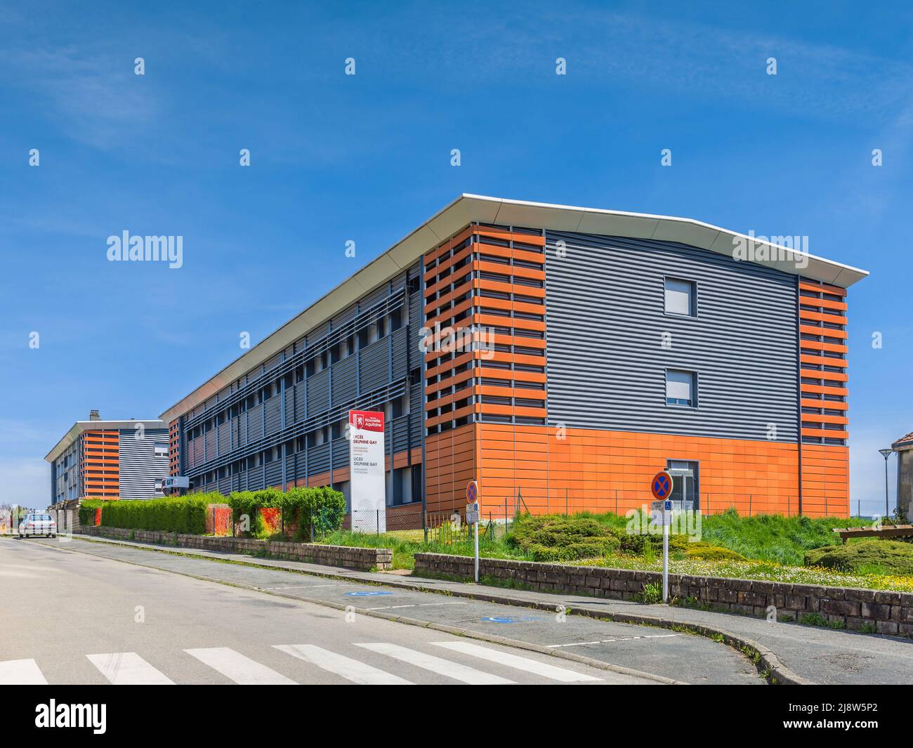 Modern architecture building - the Lycée Régional Delphine Gay in Bourganeuf, Creuse (23), France. Stock Photo