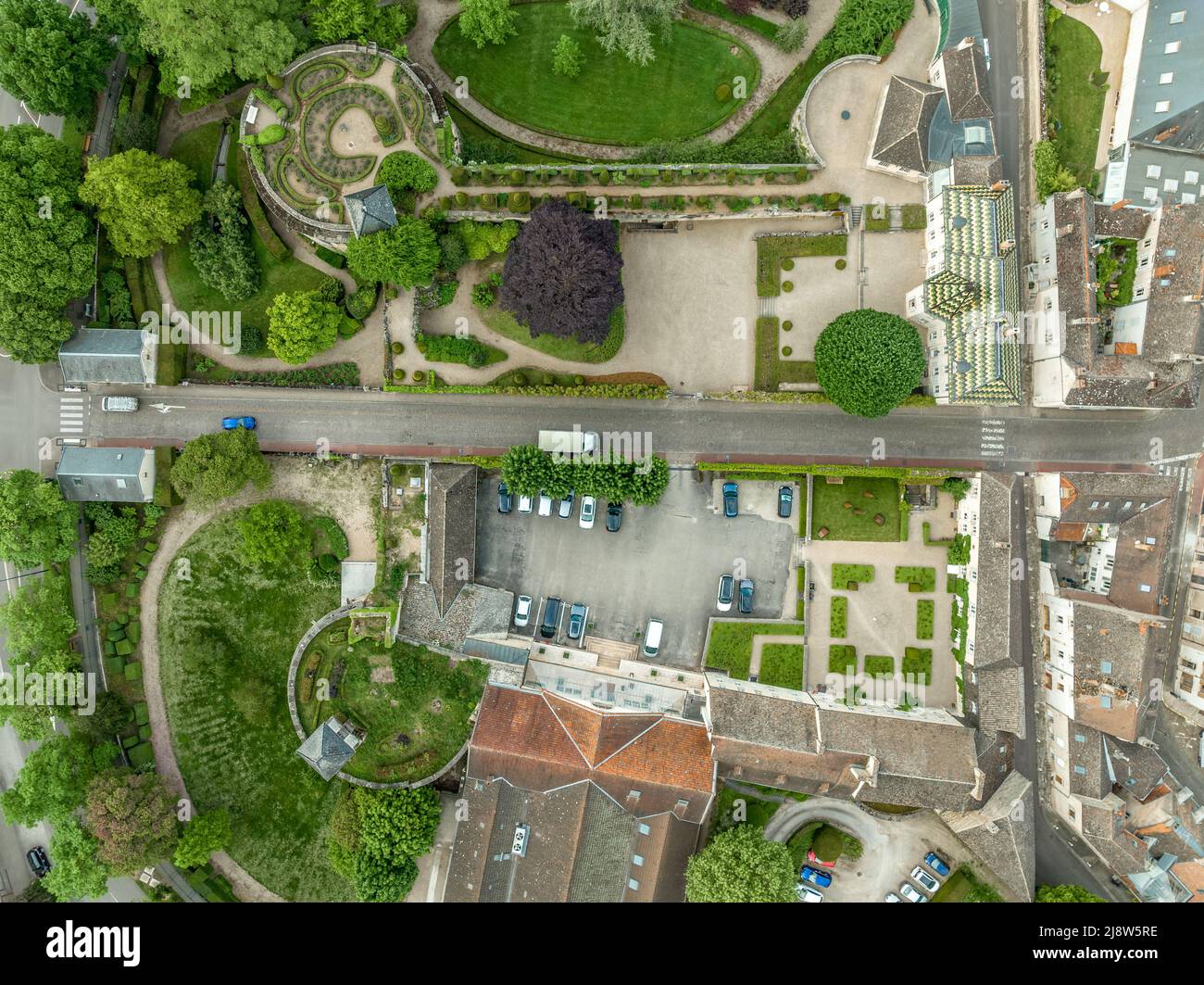 Aerial view of the former castle with four round bastions now a French garden in Beaune, Burgundy France Stock Photo