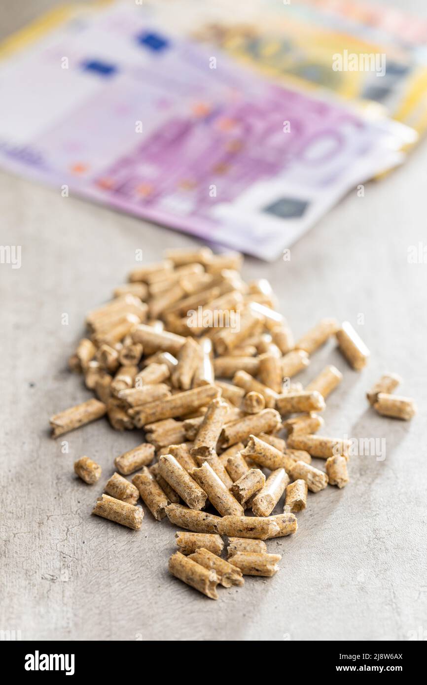 Wooden pellets and euro banknotes, biofuel on a wooden table. Ecologic fuel made from biomass. Renewable energy source. Stock Photo