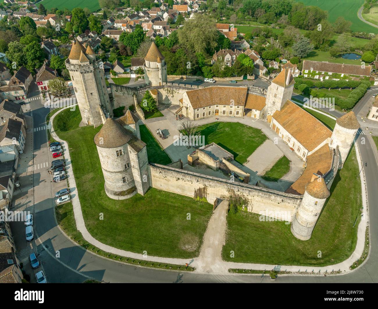 Aerial view of Blandy castle in Northern France typical feudal fortress