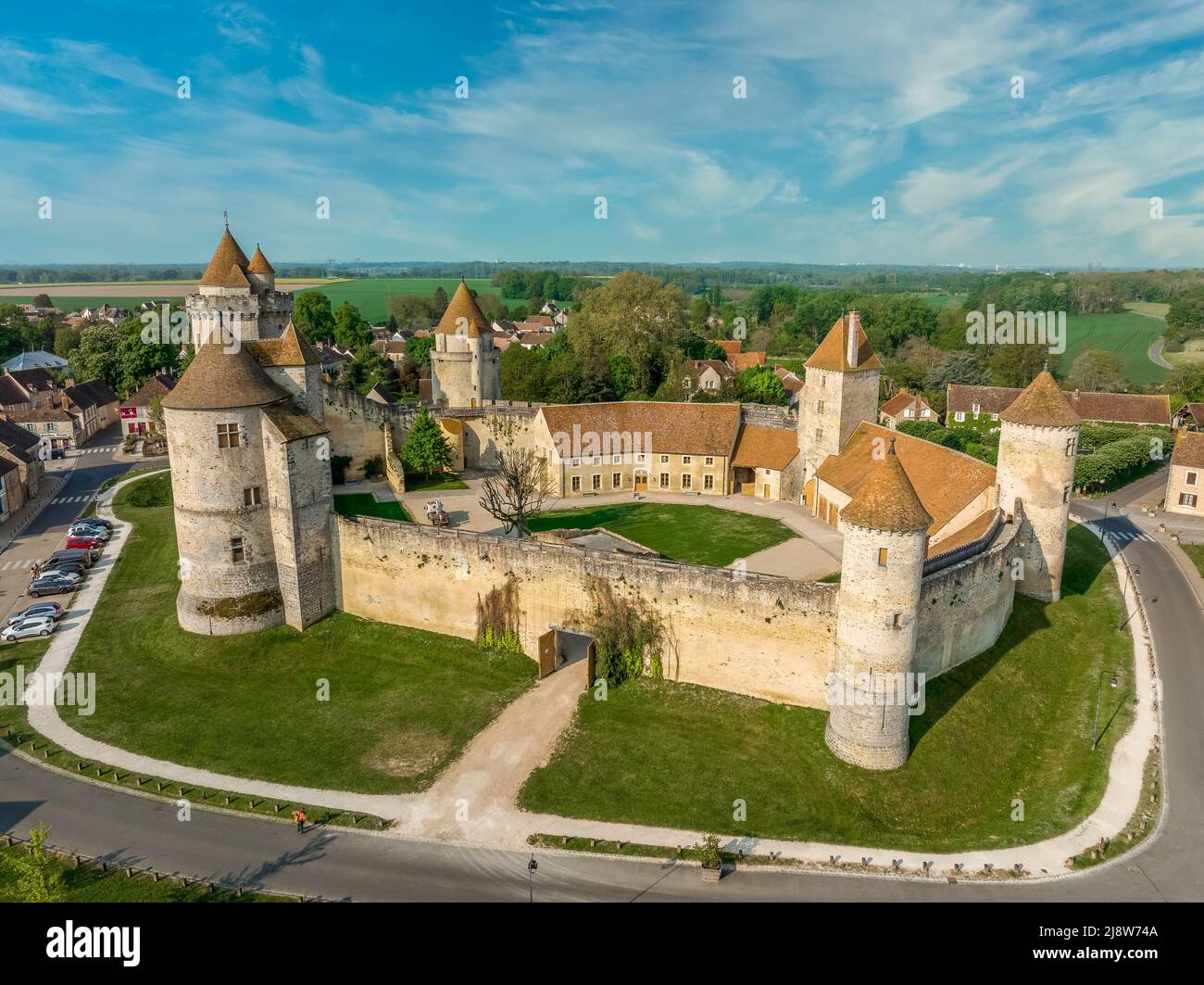 Aerial view of Blandy castle in Northern France typical feudal fortress