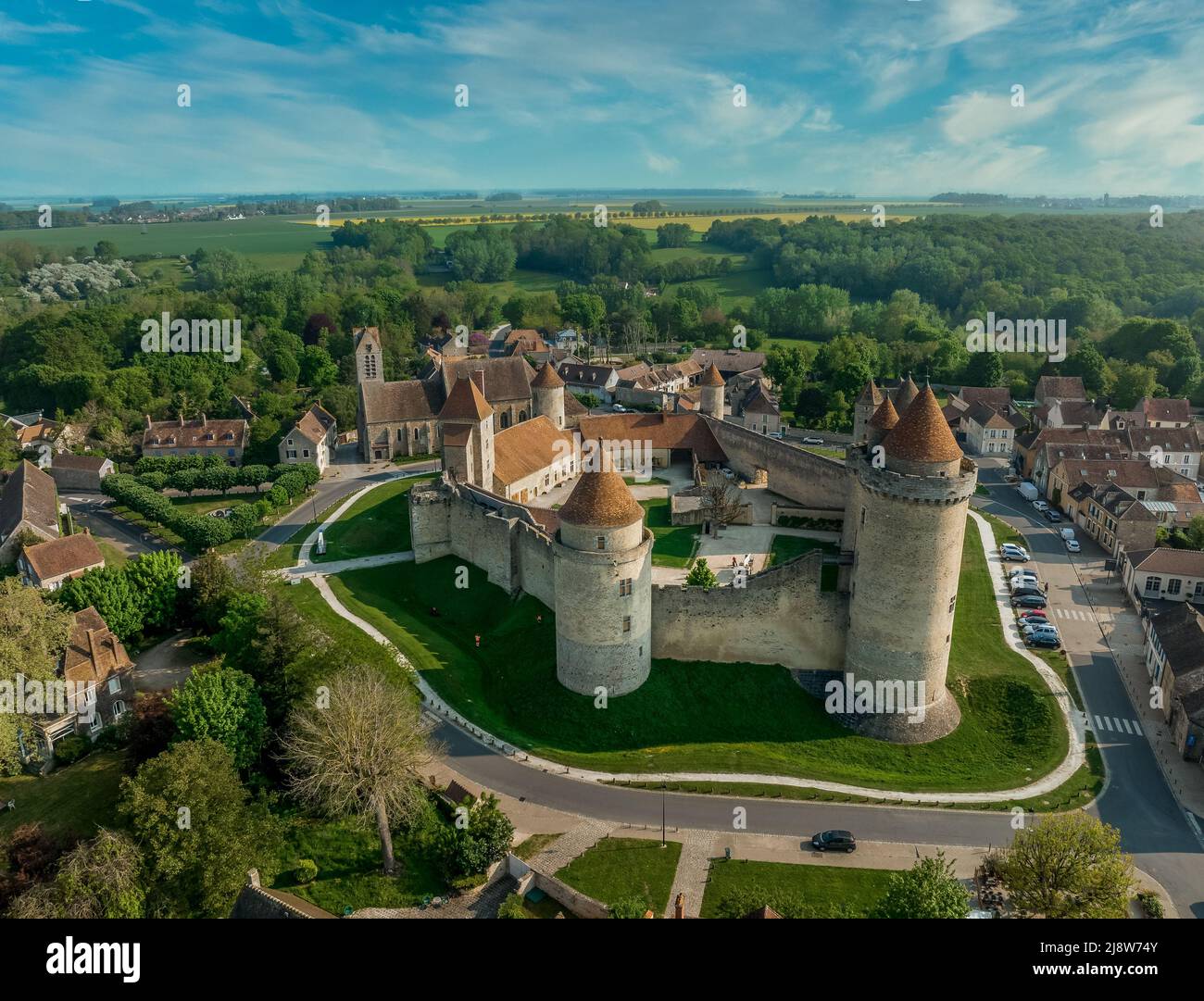 Aerial view of Blandy castle in Northern France typical feudal fortress