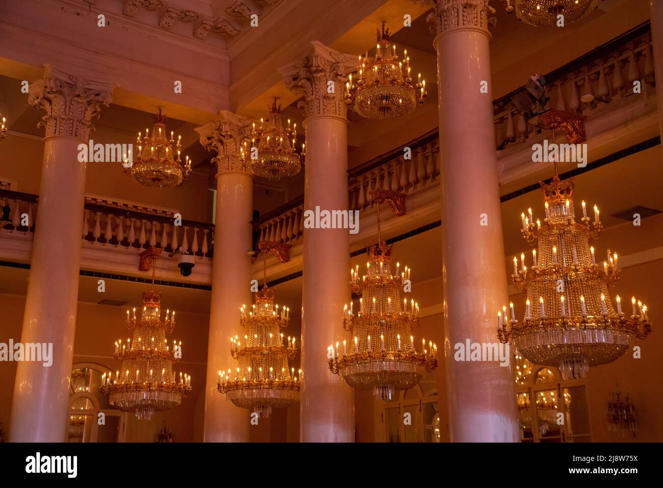 Closeup of view of chandeliers in the Pillar Hall of the House of