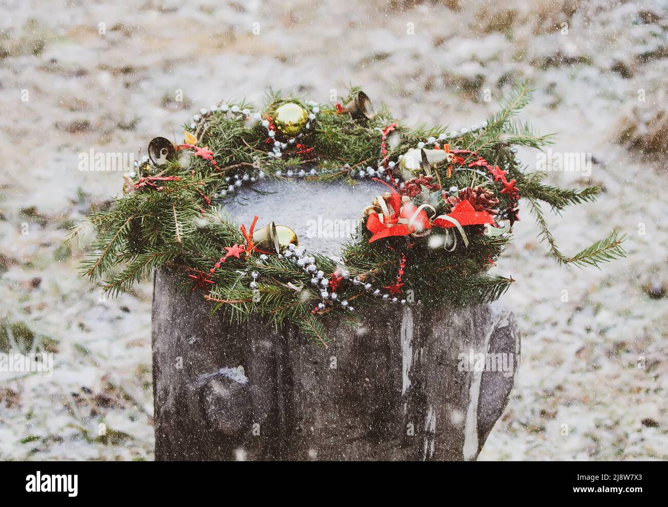 Christmas wreath on a tree stump Stock Photo Alamy