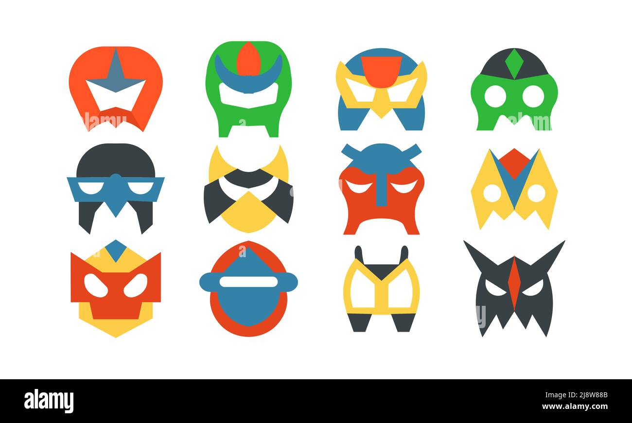 Superhero mask set and power hero person costume. Super comic character face sign vector illustration. Powerful head avatar and collection mystery sav Stock Vector