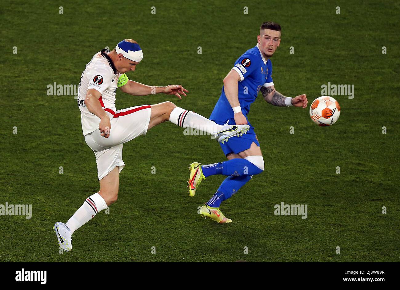 Eintracht Frankfurt's Sebastian Rode clears the ball watched by Rangers ...