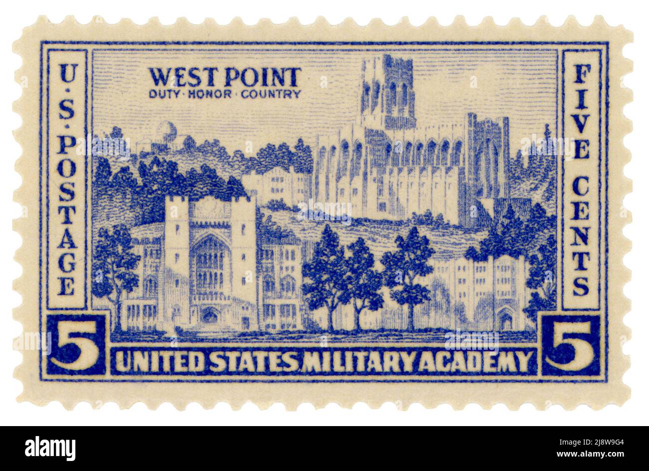 West Point, the Unites States Military Academy, postage stamp was issued in 1937. Stock Photo