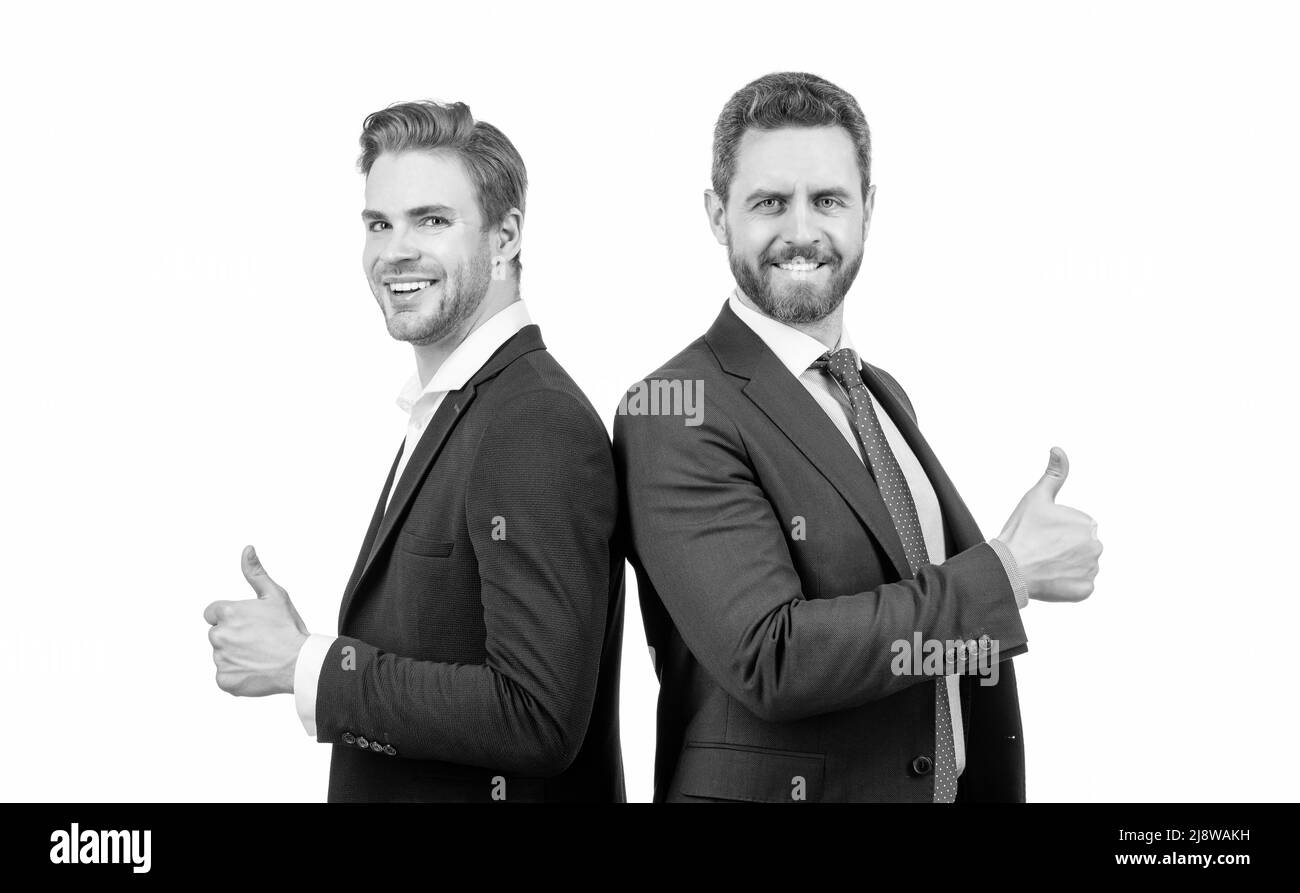 successful happy entrepreneur men in suit show thumb up isolated on white, business success Stock Photo