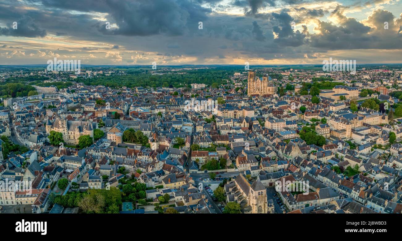 Aerial view of the medieval city of Bourges in Central France with ...