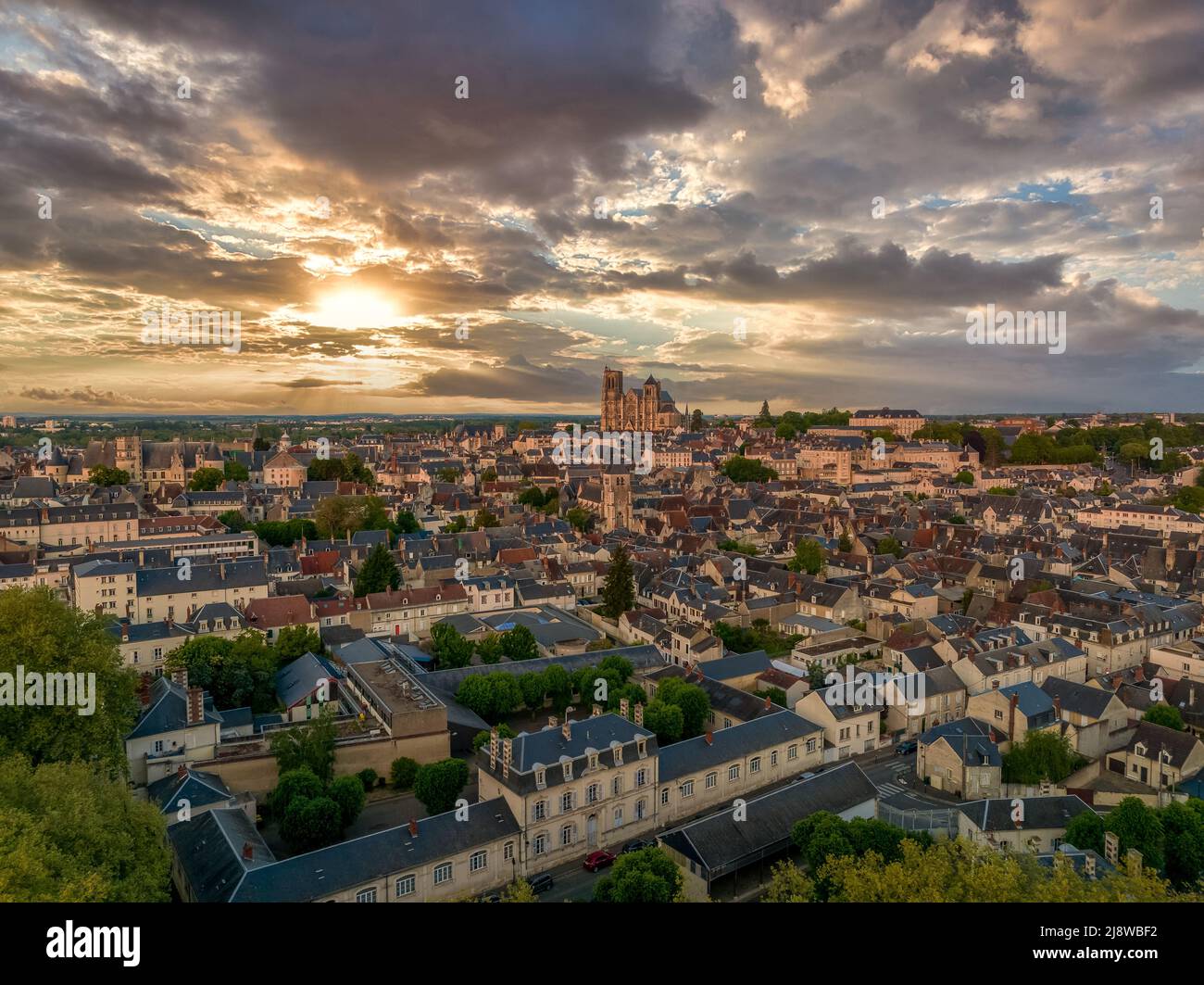 Aerial view of the medieval city of Bourges in Central France with ...