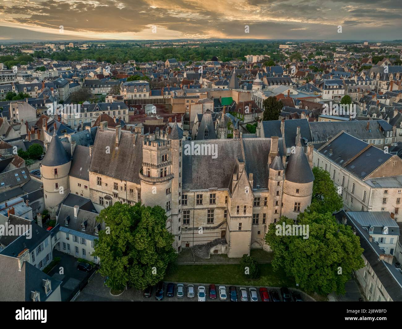 Aerial view of the medieval city of Bourges in Central France with ...