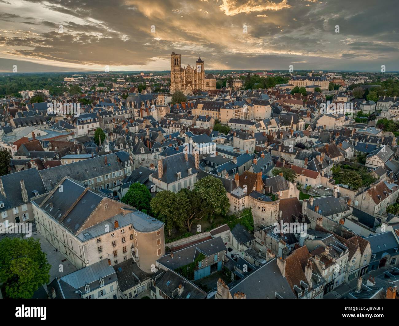 Aerial view of the medieval city of Bourges in Central France with ...