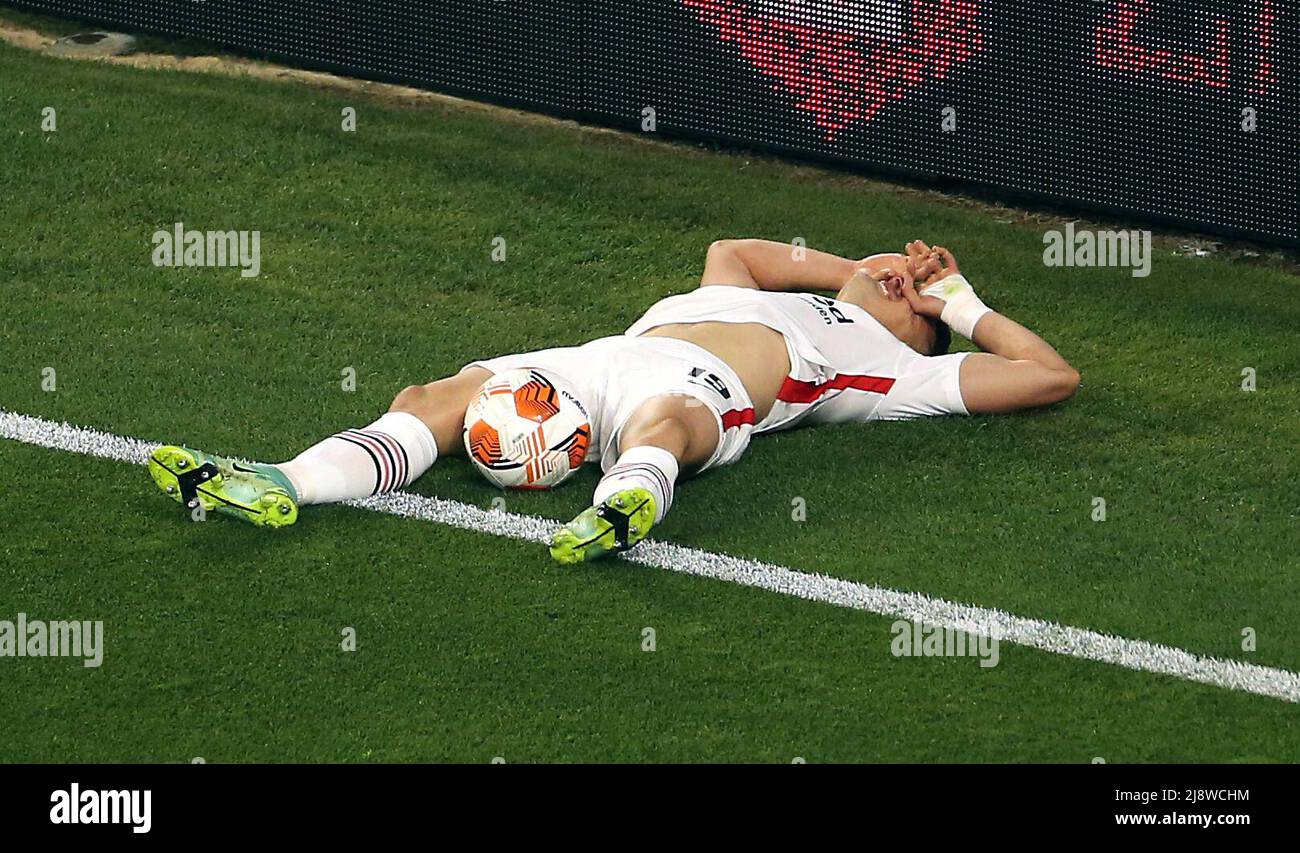 Eintracht Frankfurt's Santos Borre reacts after a challenge in the area from Rangers' Connor Goldson in the area during the UEFA Europa League Final at the Estadio Ramon Sanchez-Pizjuan, Seville. Picture date: Wednesday May 18, 2022. Stock Photo