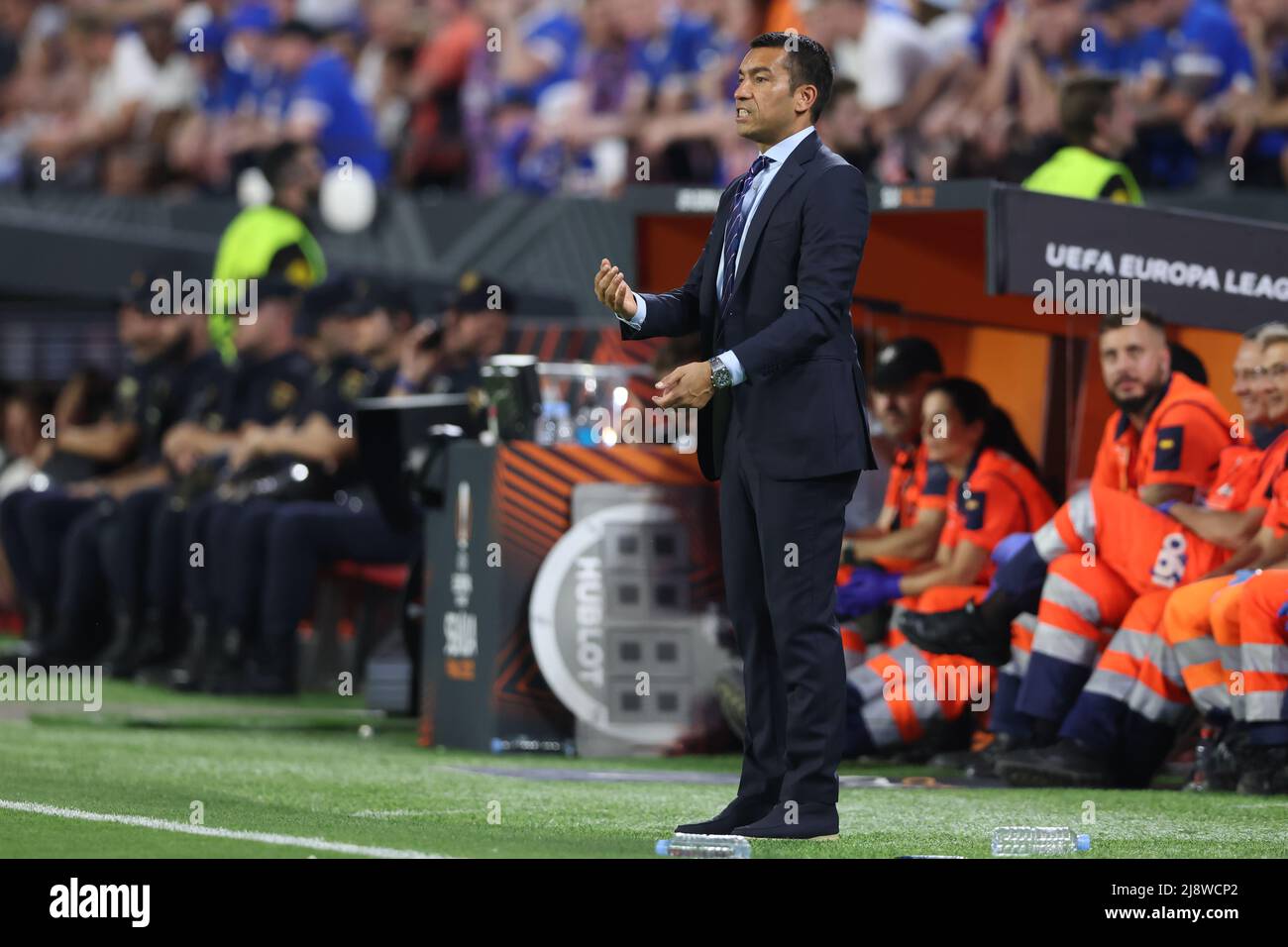Sevilla, Spain. 17th May, 2022. Giovanni Van Bronckhorst Head coach of Rangers reacts during the UEFA Europa League match at Ramon Sanchez-Pizjuan Stadium, Sevilla. Picture credit should read: Jonathan Moscrop/Sportimage Credit: Sportimage/Alamy Live News Stock Photo