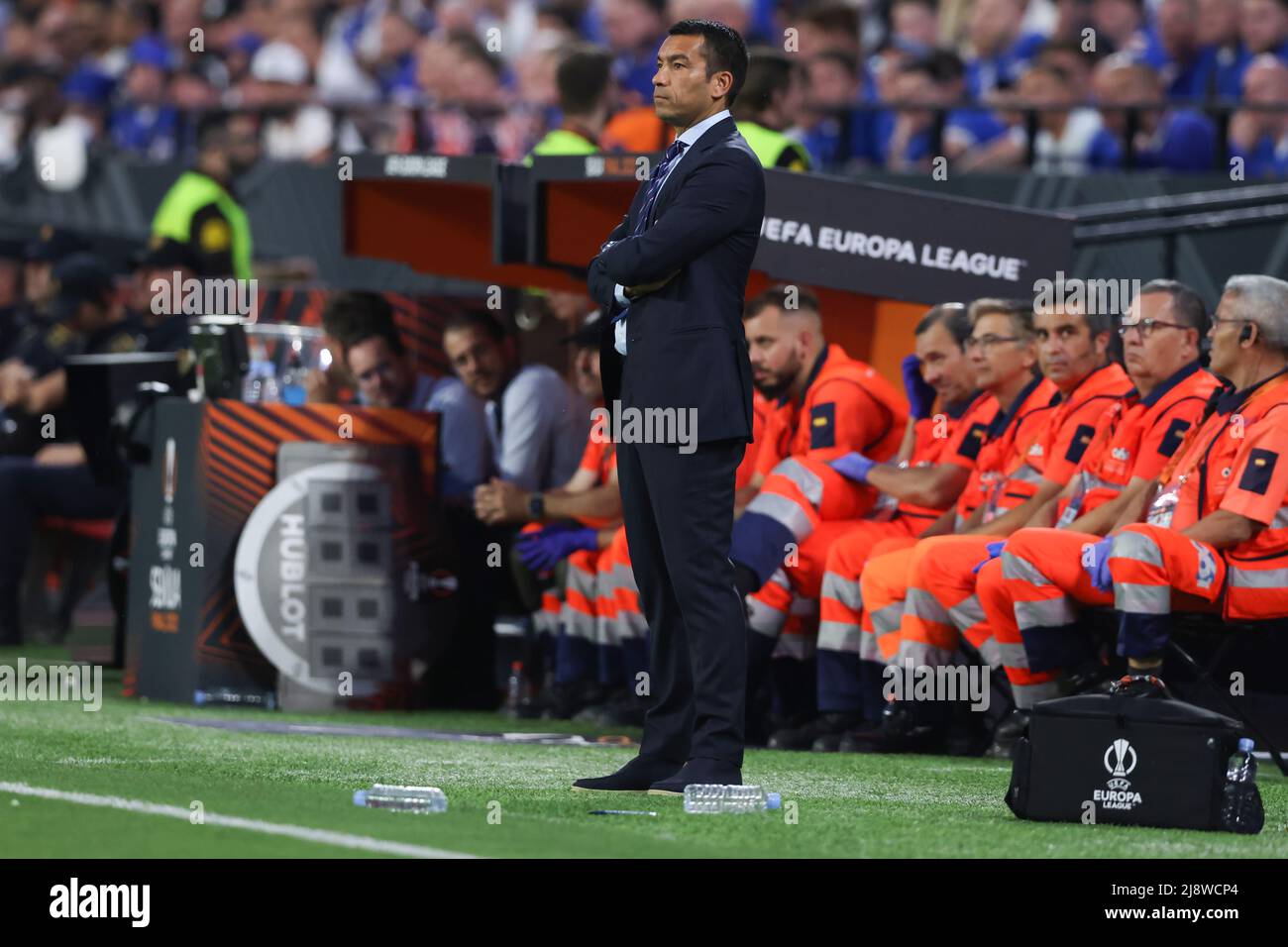 Sevilla, Spain. 17th May, 2022. Giovanni Van Bronckhorst Head coach of Rangers looks on during the UEFA Europa League match at Ramon Sanchez-Pizjuan Stadium, Sevilla. Picture credit should read: Jonathan Moscrop/Sportimage Credit: Sportimage/Alamy Live News Stock Photo