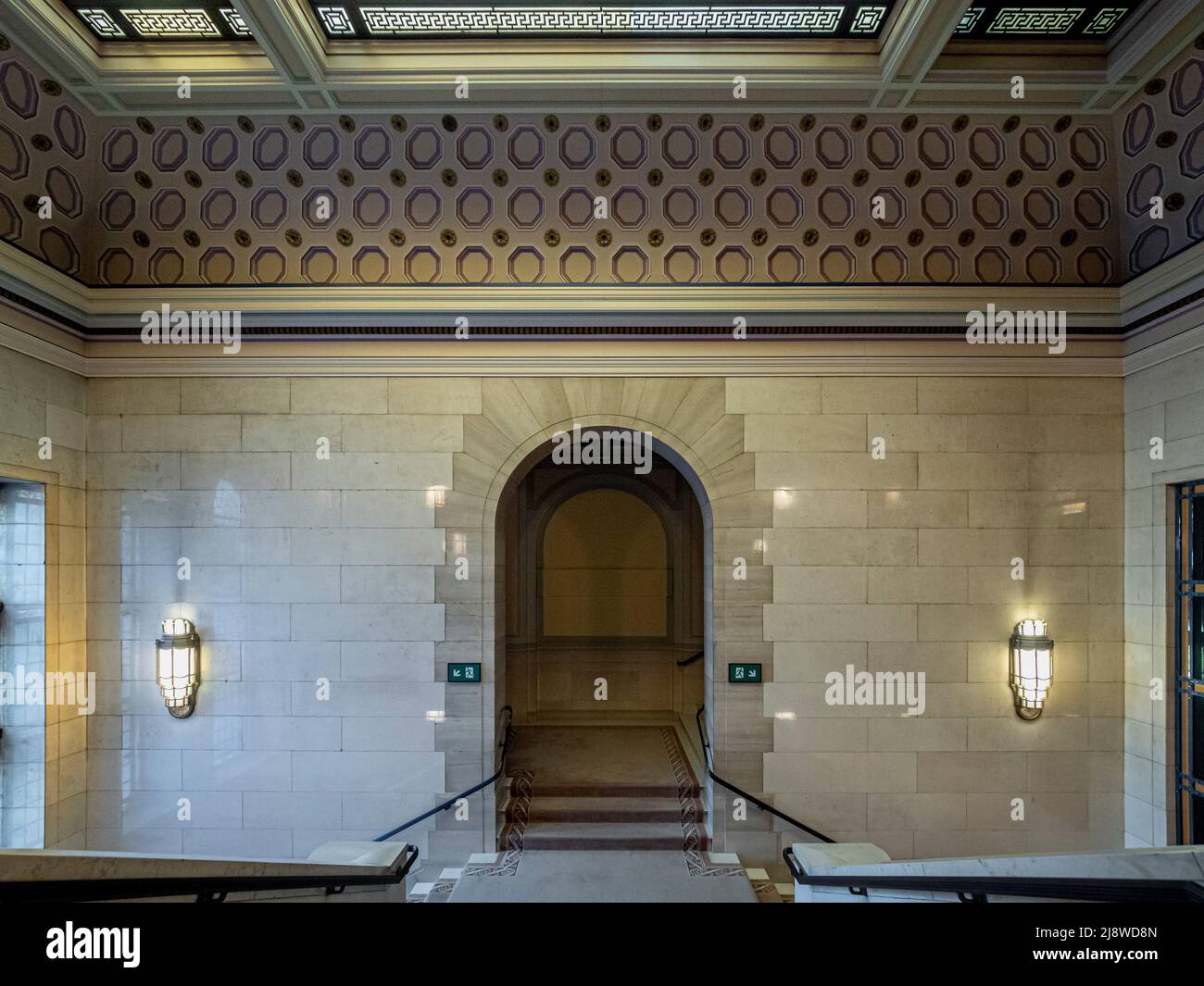 Art Deco top floor landing with archway of the Freemasons' Hall. London ...