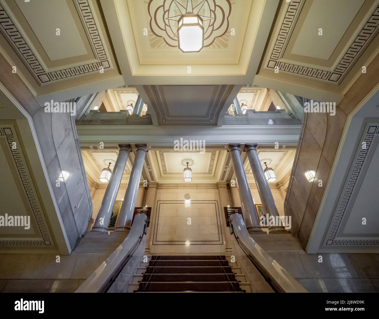 Art Deco open-well staircase of the Freemasons' Hall in London UK. Stock Photo