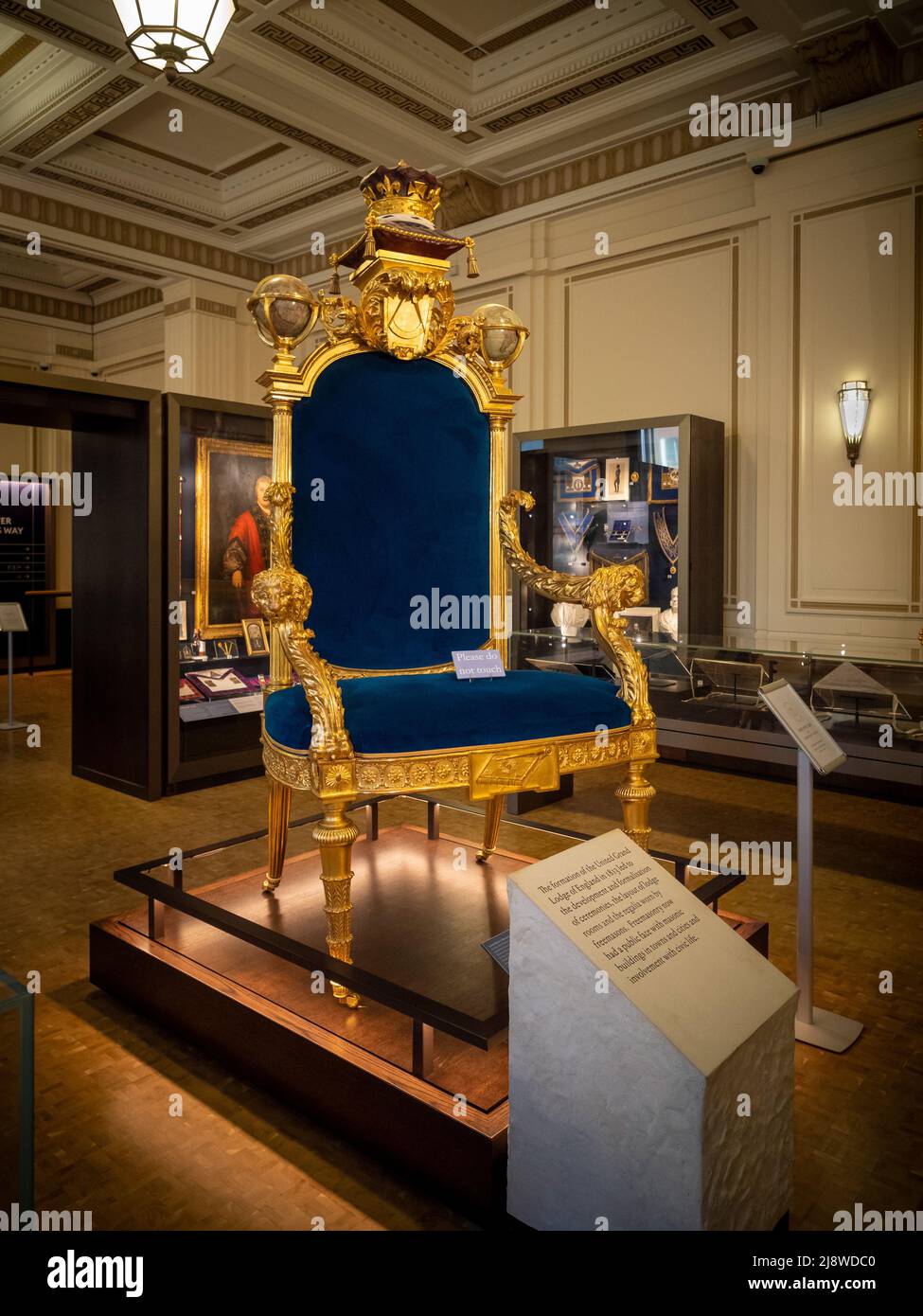 Grand Master's Throne, an exhibit in the Museum of Freemasonry, located in the Freemasons' Hall, London. Stock Photo