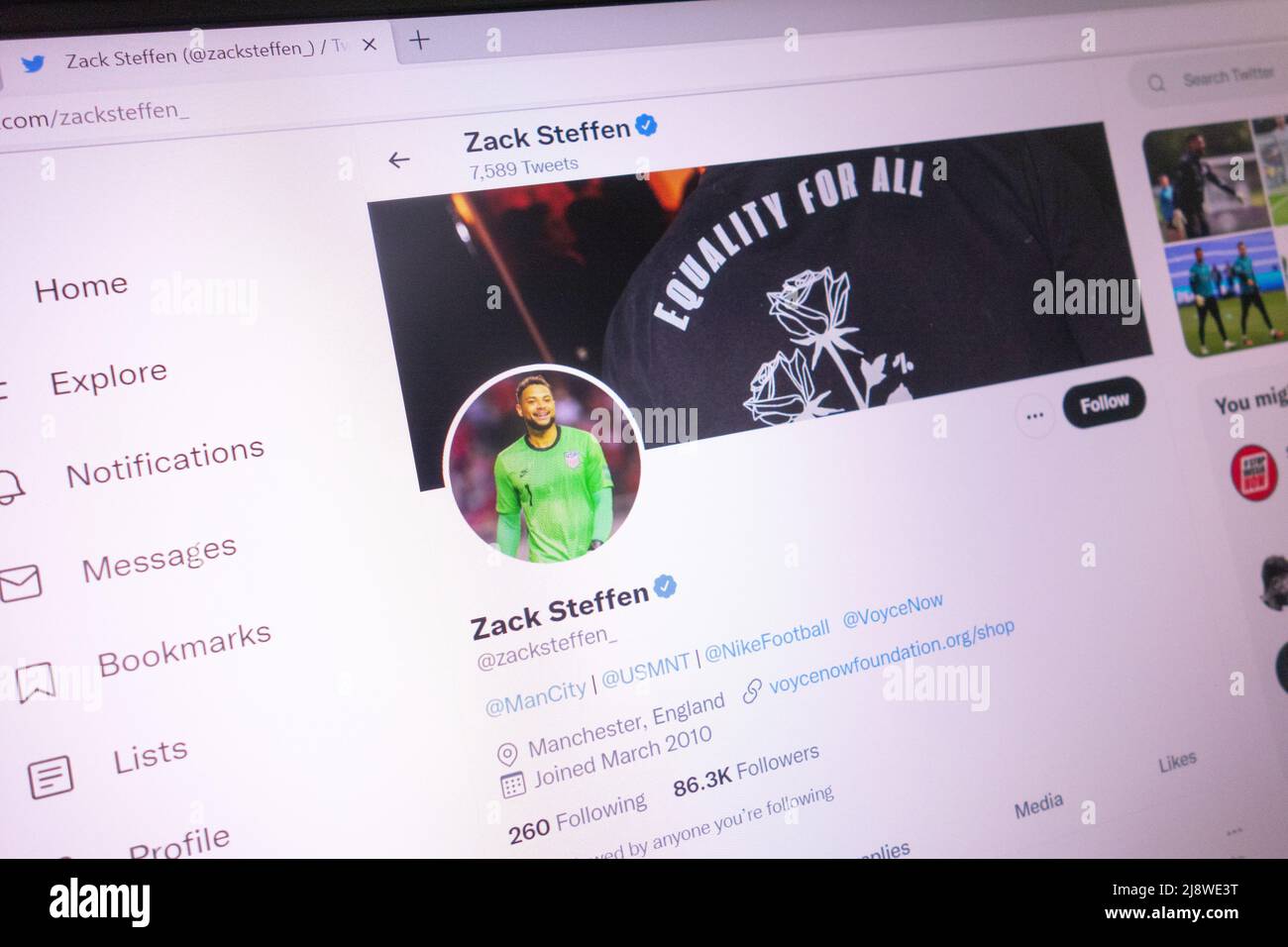 KONSKIE, POLAND - May 18, 2022: Zack Steffen official Twitter account displayed on laptop screen Stock Photo