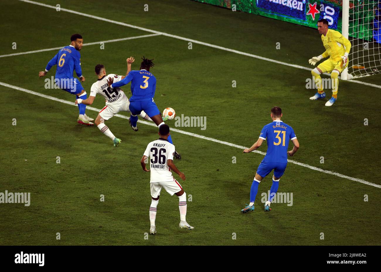 Eintracht Frankfurt's Santos Borre scores their side's first goal of the game during the UEFA Europa League Final at the Estadio Ramon Sanchez-Pizjuan, Seville. Picture date: Wednesday May 18, 2022. Stock Photo