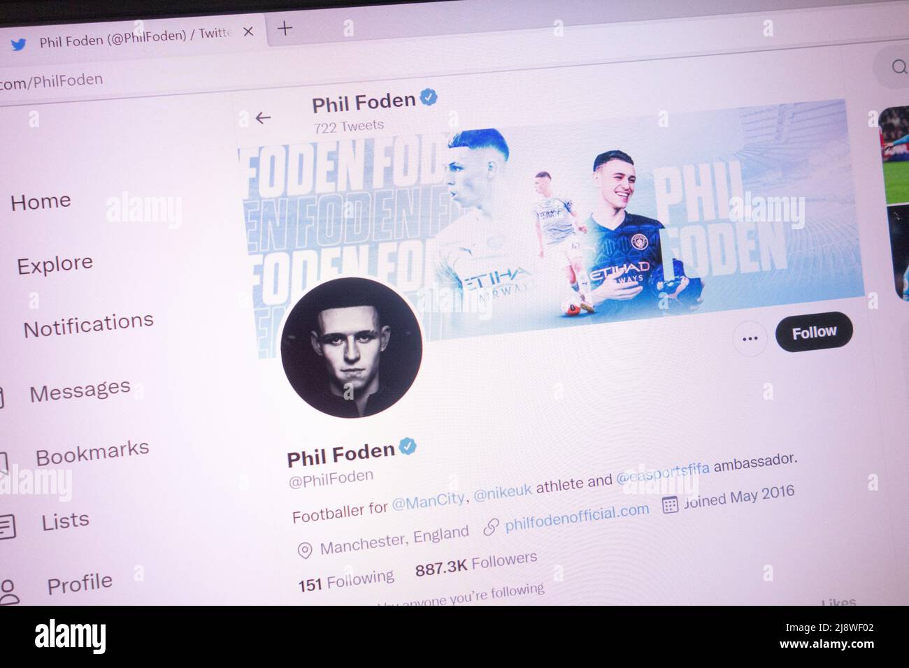 KONSKIE, POLAND - May 18, 2022: Phil Foden official Twitter account displayed on laptop screen Stock Photo