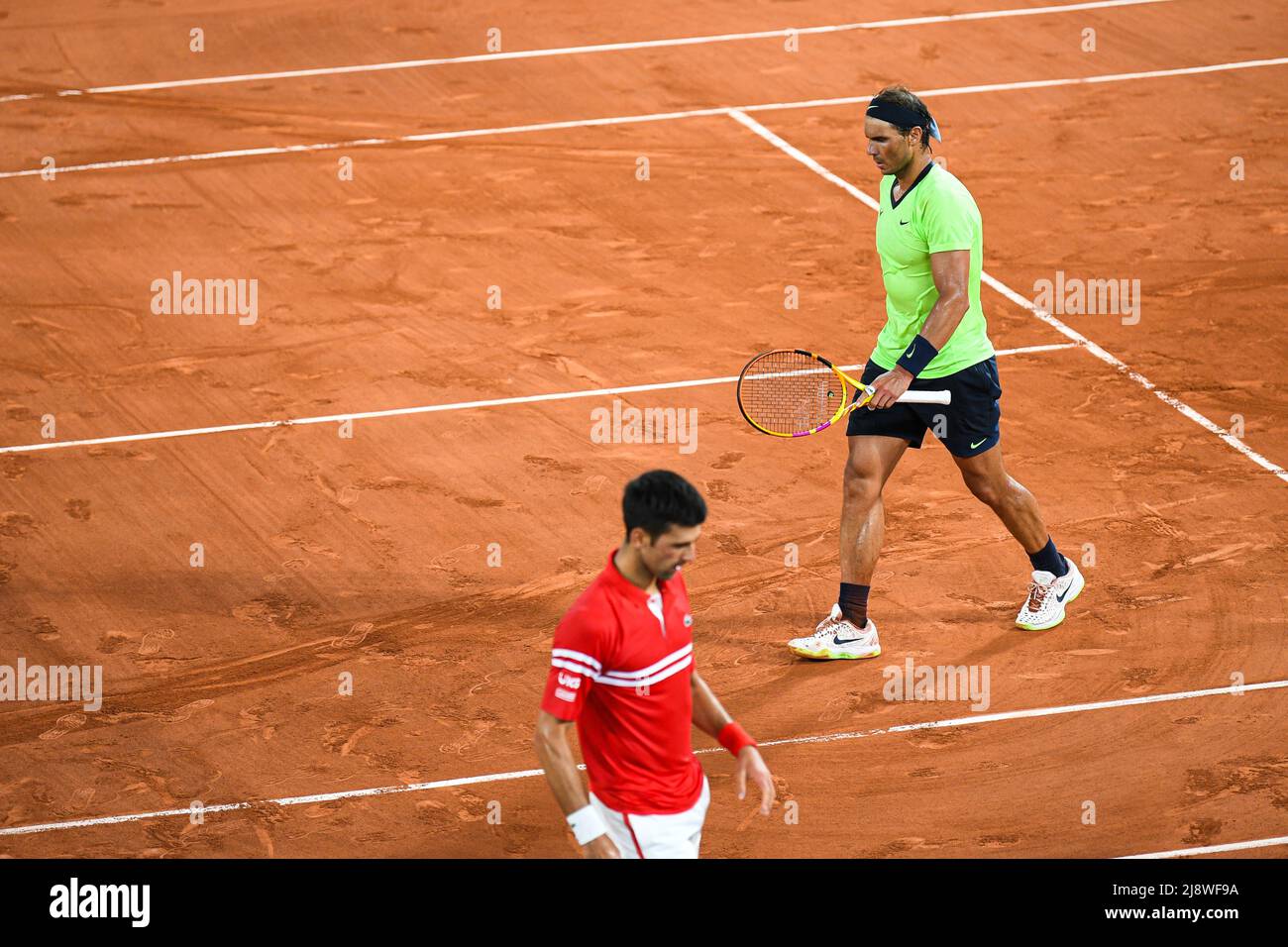 Novak Djokovic of Serbia and Rafael Nadal of Spain at Roland-Garros (French Open), Grand Slam tennis tournament on June 11, 2021 at Roland-Garros stad Stock Photo