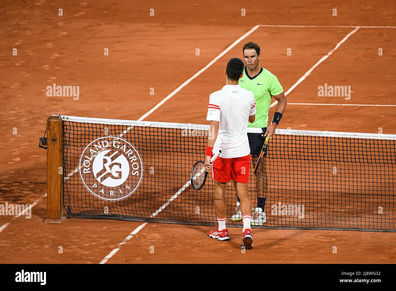Novak Djokovic of Serbia and Rafael Nadal of Spain shake hands during the semifinal at Roland-Garros (French Open), Grand Slam tennis tournament on Ju Stock Photo