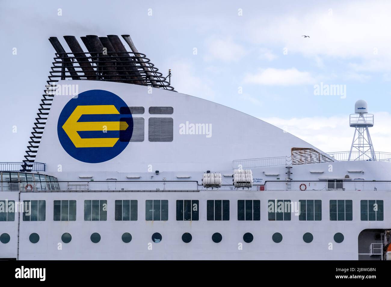 Helsinki / Finland - MAY 13, 2022: Closeup of a smoke stack of MV Finlandia, operated by Exkerö Line Stock Photo