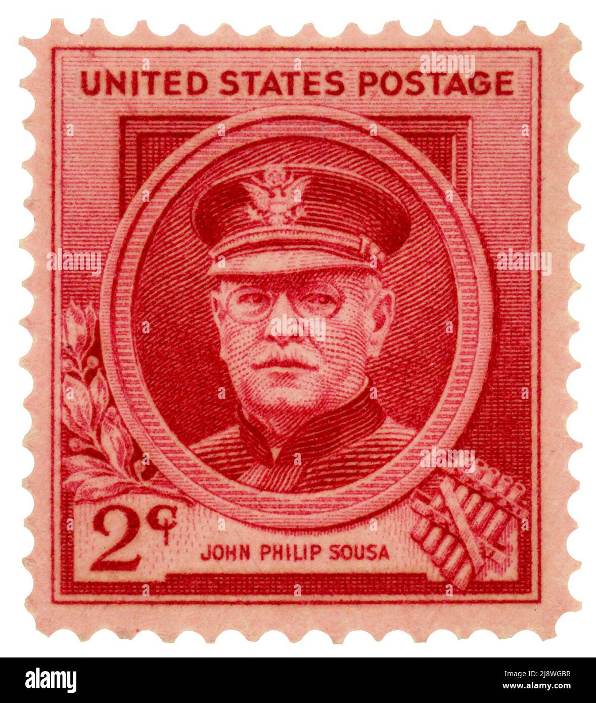 John Philip Sousa (1854-1932) directed the US Marine Corps Band from 1880 to 1892, and then conducted his own band. He numerous 100 marches. the famous ones include including 'Semper Fidelis' (the Marine Corps march), 'The Washington Post March,' and the 'The Stars and Stripes Forever.' He is pictured here on a rose colored stamp. Stock Photo