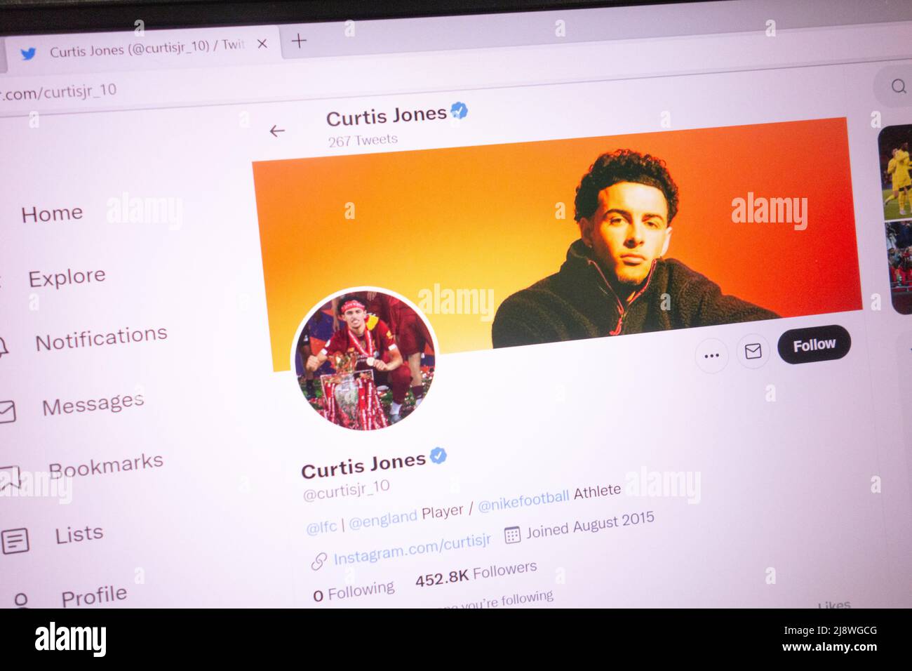 KONSKIE, POLAND - May 18, 2022: Curtis Jones official Twitter account displayed on laptop screen Stock Photo