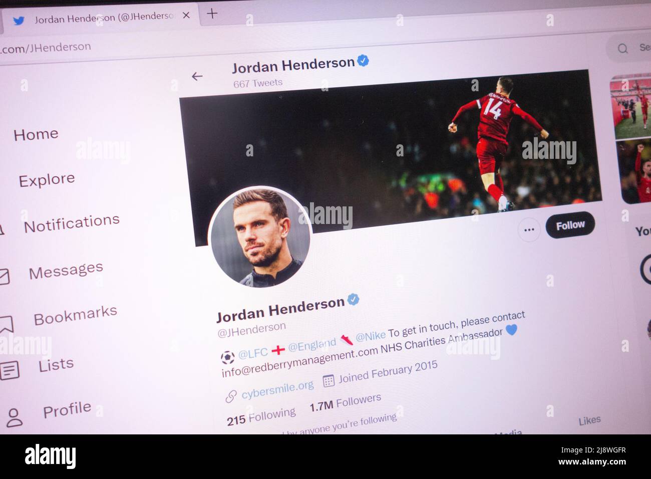 KONSKIE, POLAND - May 18, 2022: Jordan Henderson official Twitter account displayed on laptop screen Stock Photo