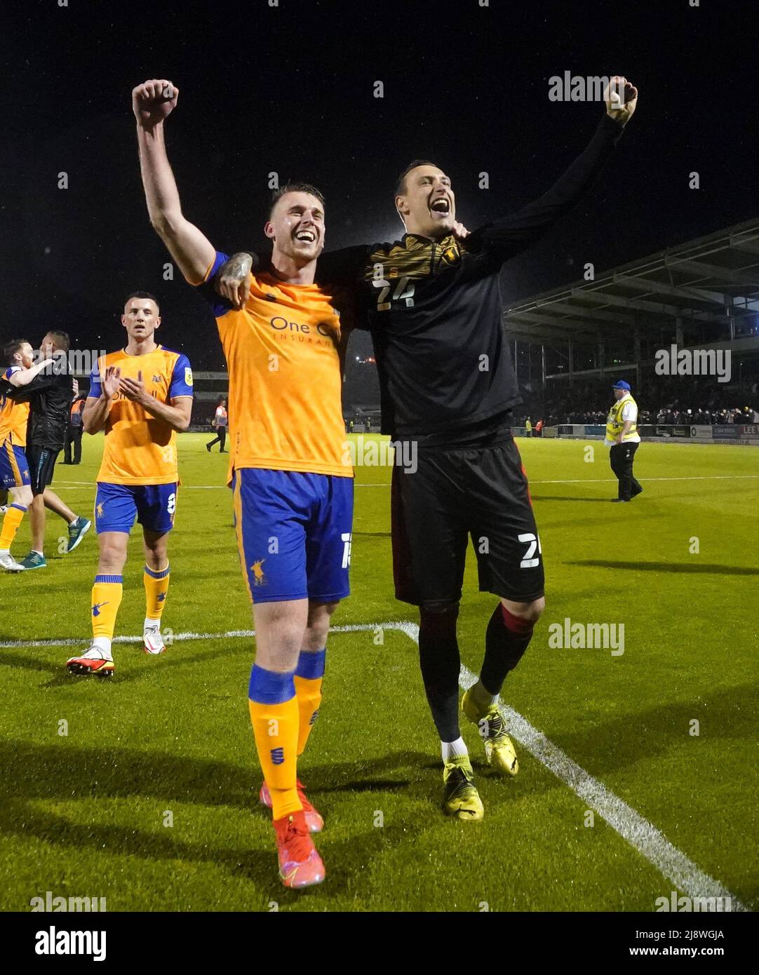Mansfield Town's Rhys Oates (left) and Marek Stech celebrate after the Sky Bet League Two play-off semi-final, second leg match at the Sixfields Stadium, Northampton. Picture date: Wednesday May 18, 2022. Stock Photo