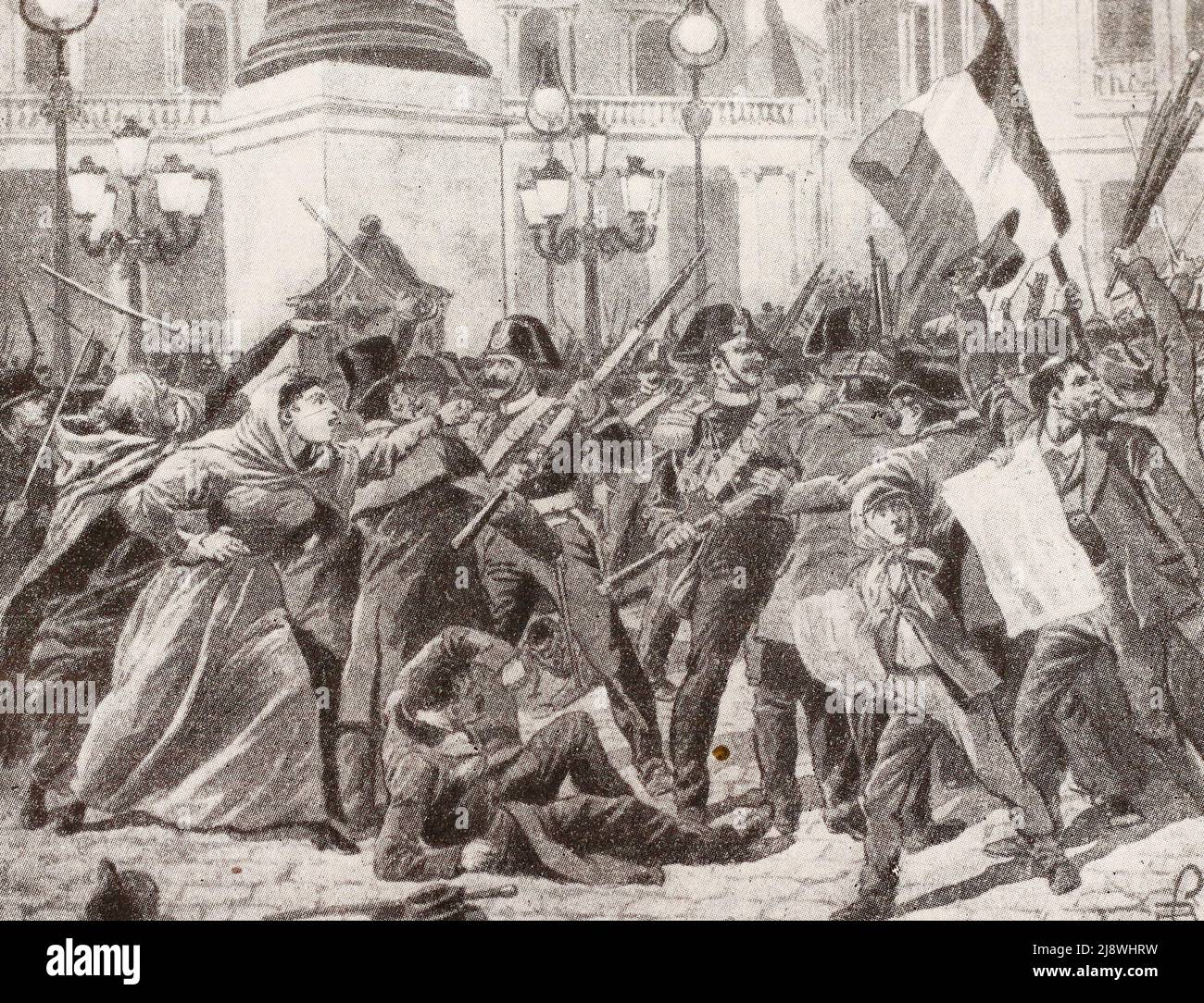 Anti-war demonstration in Piazza Column in Rome. Engraving from 1896. Stock Photo