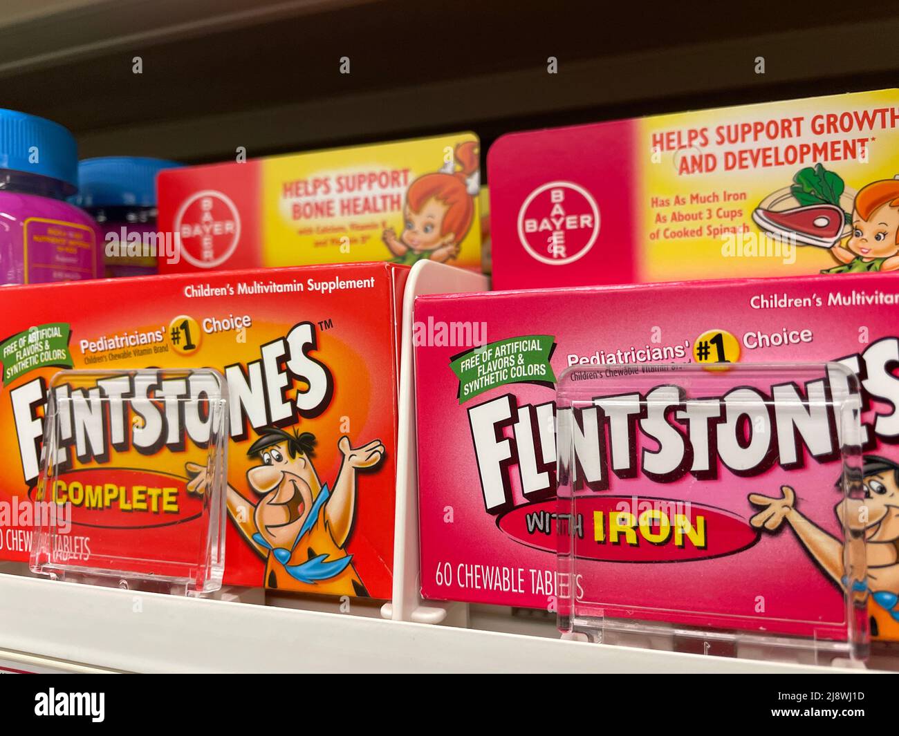 Grovetown, Ga USA - 04 15 22: Vitamins on a retail store shelf Flintstones Stock Photo