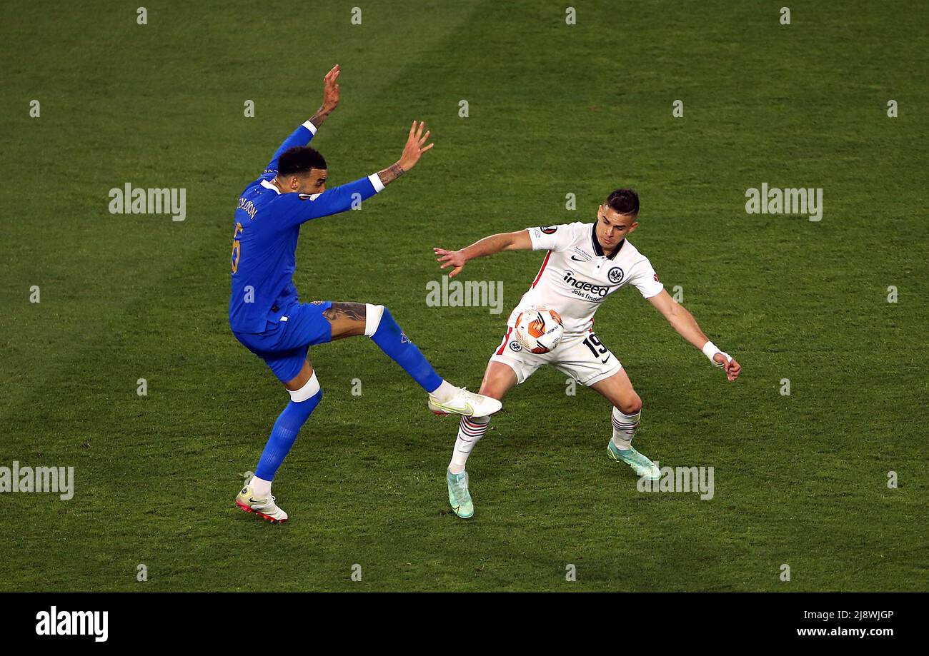 Rangers' Connor Goldson and Eintracht Frankfurt's Santos Borre (right) battle for the ball during the UEFA Europa League Final at the Estadio Ramon Sanchez-Pizjuan, Seville. Picture date: Wednesday May 18, 2022. Stock Photo
