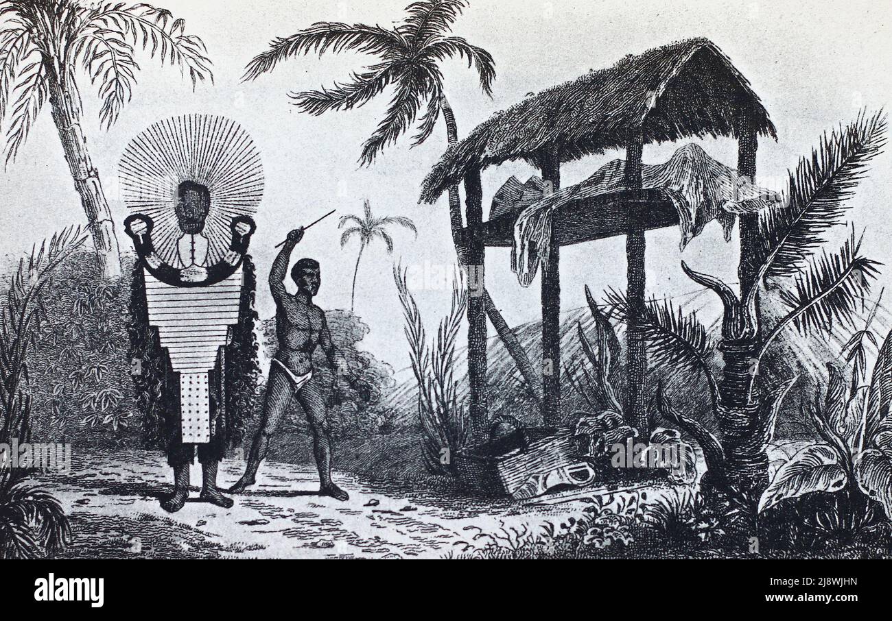 Funerary Bier in Tahiti. Engraving of 1836. Stock Photo