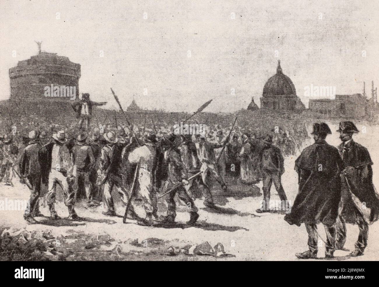 Rally of the unemployed at the Prati di Castello in Rome. Engraving from 1889. Stock Photo