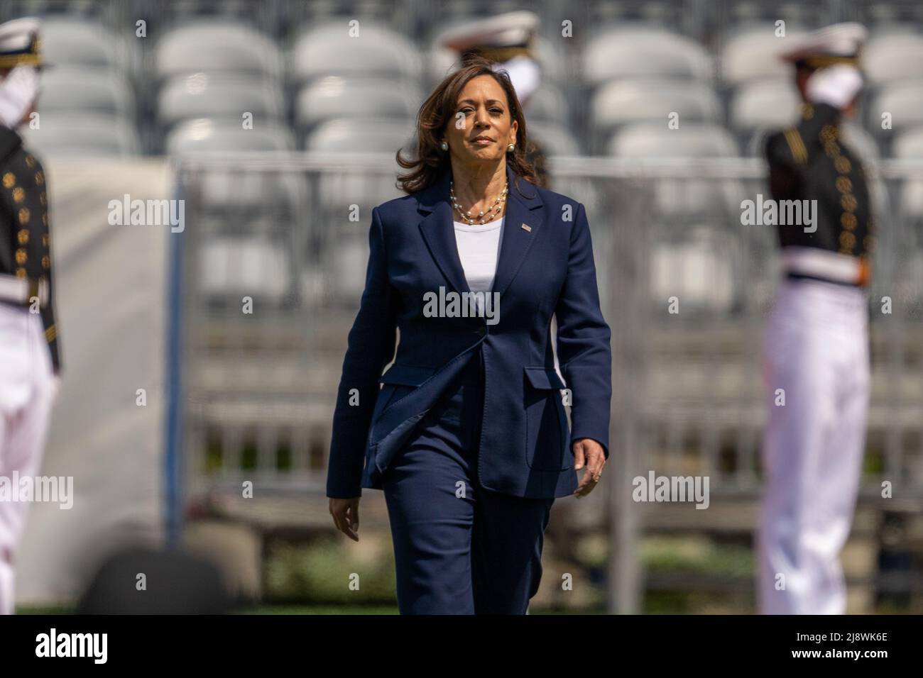 New London, United States of America. 18 May, 2022. U.S. Vice President Kamala Harris, arrives to deliever the commencement address during graduation ceremonies at the Coast Guard Academy, May 18, 2022 in New London, Connecticut. The Coast Guard Academy graduated 252 new officers along with nine international students. Credit: David Lau/U.S. Coast Guard Photo/Alamy Live News Stock Photo