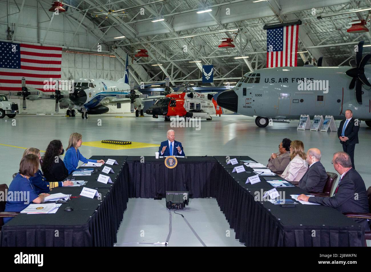 US President Joe Biden delivers remarks prior to a briefing on interagency efforts to prepare for and respond to hurricanes this season at Joint Base Andrews in Maryland, USA 18 May 2022. Credit: Shawn Thew/Pool via CNP Stock Photo